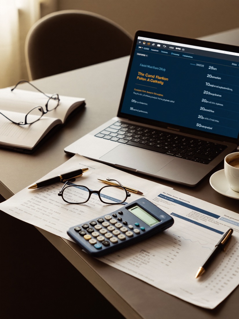 Escritorio de trabajo contable con documentos financieros y calculadora